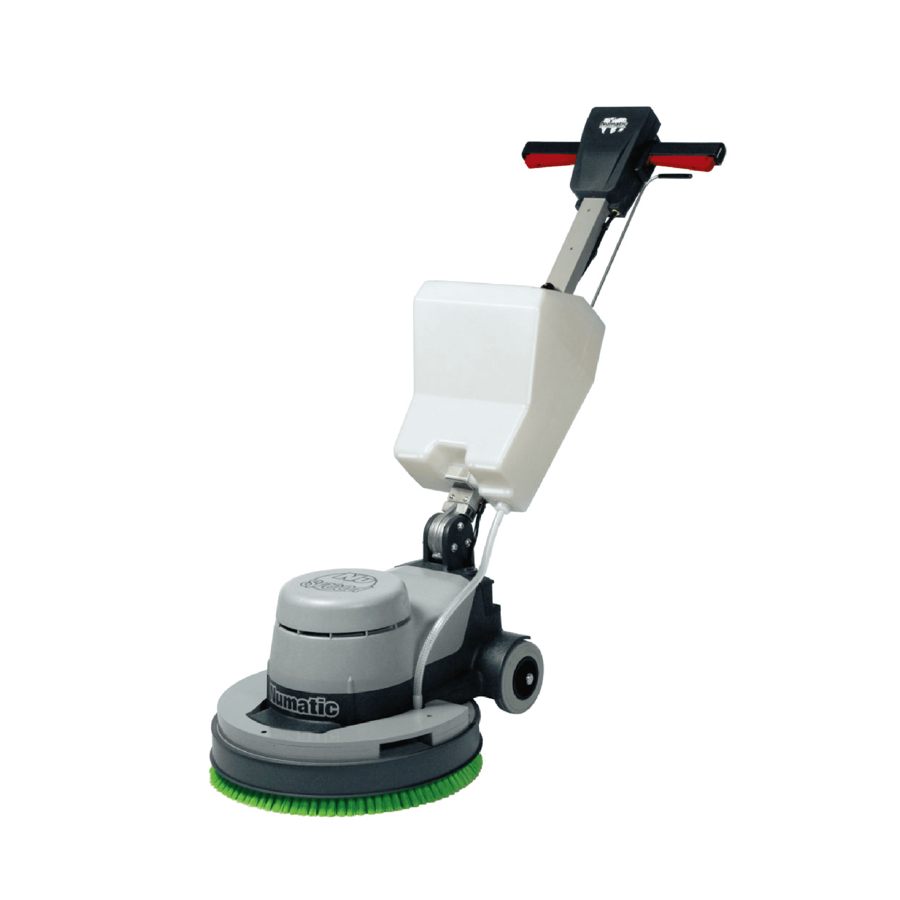 Numatic Einscheibenmaschine mit Tank Numatic Einscheibenmaschine mit grauem Gehäuse, Siebwassertank und grüner Reinigungsbürste für die professionelle Bodenpflege
