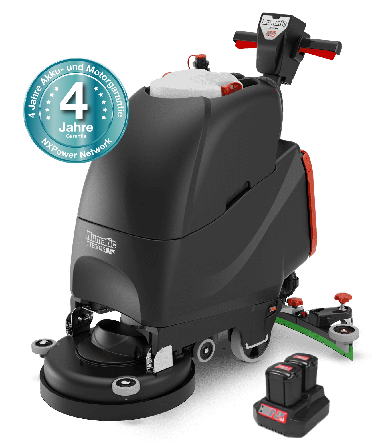 Numatic TTB3045NX-R Scheuersaugmaschine Numatic TTB3045NX-R Scheuersaugmaschine mit zwei Batterien und Reinigungspad.