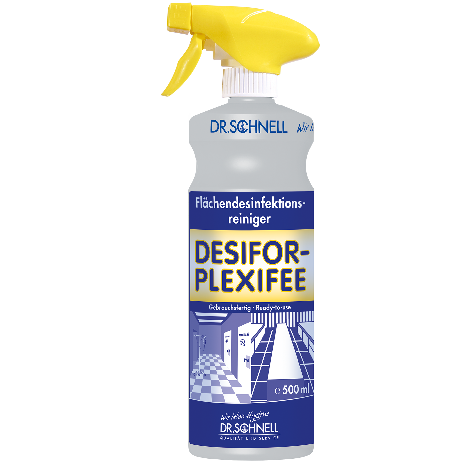 Dr. Schnell Desifor-Plexifee Flächendesinfektionsreiniger in Sprühflasche mit gelbem Sprühkopf, 500 ml Inhalt