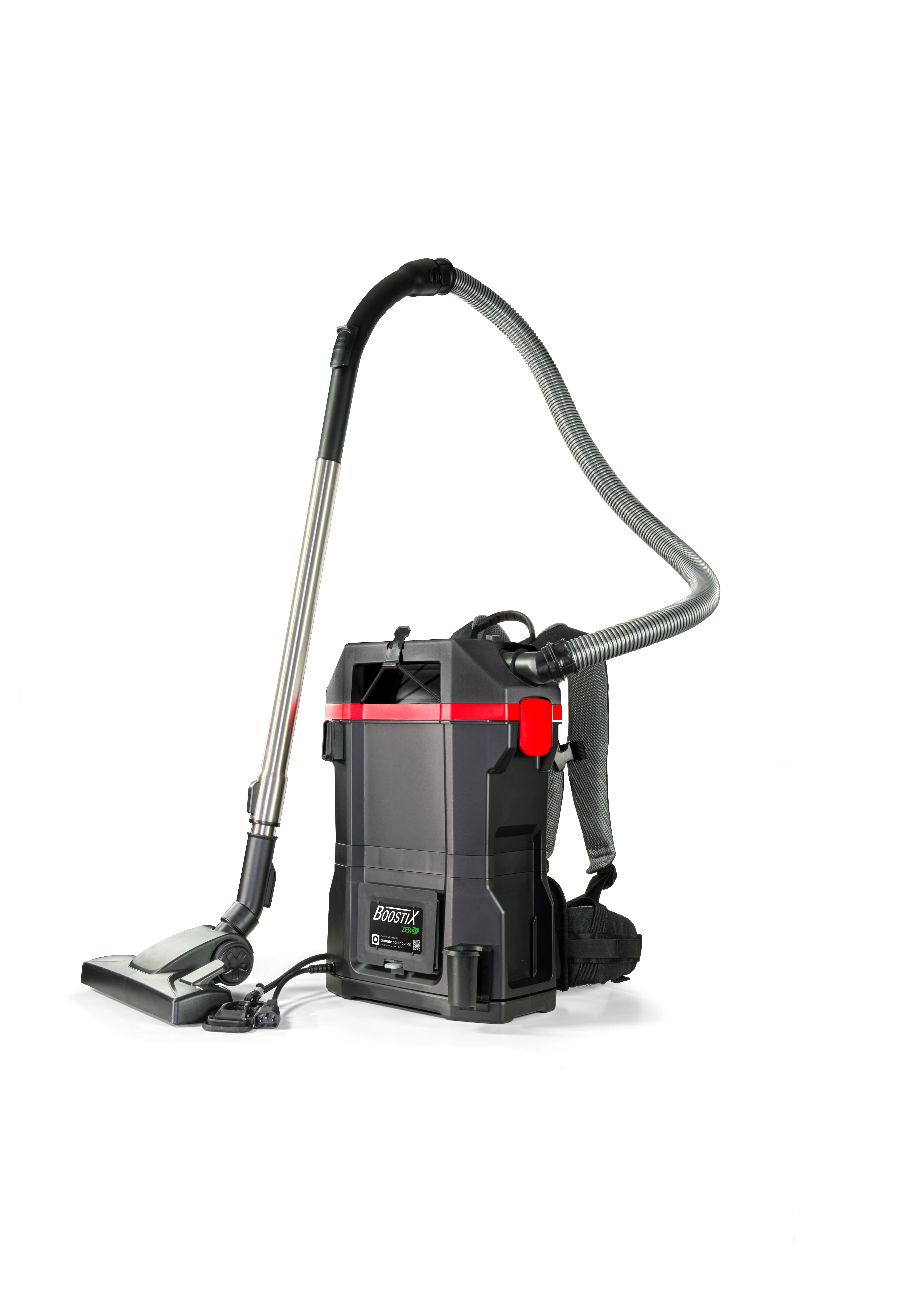 Rucksackstaubsauger von Boostix mit flexibler Saugdüse und ergonomischem Tragesystem für professionelle Reinigung.