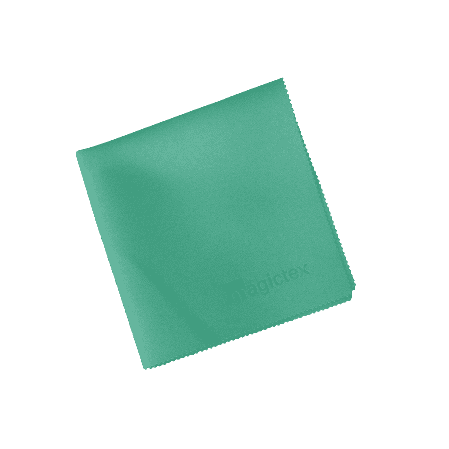 Grünes Magictex Mikrofasertuch mit Zickzackrand, ideal für die streifenfreie Reinigung von Oberflächen und Glas im Haushalt. Grünes Magictex Mikrofasertuch mit Zickzackrand, ideal für die streifenfreie Reinigung von Oberflächen und Glas im Haushalt.