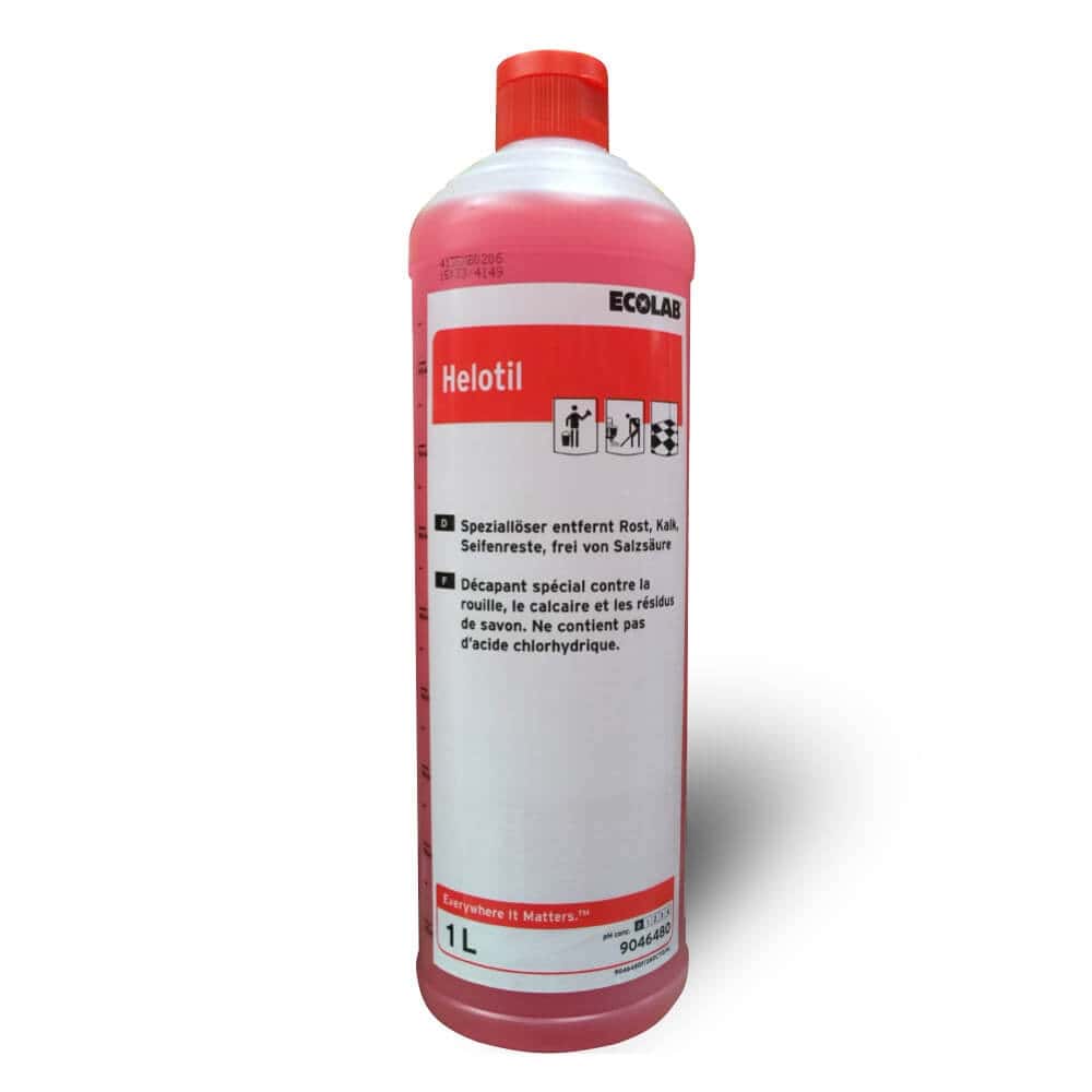 Ecolab Helotil Kalkentferner 1L Ecolab Helotil Kalkentferner in der 1-Liter-Flasche mit roter Flüssigkeit für die professionelle Sanitärbereichsreinigung