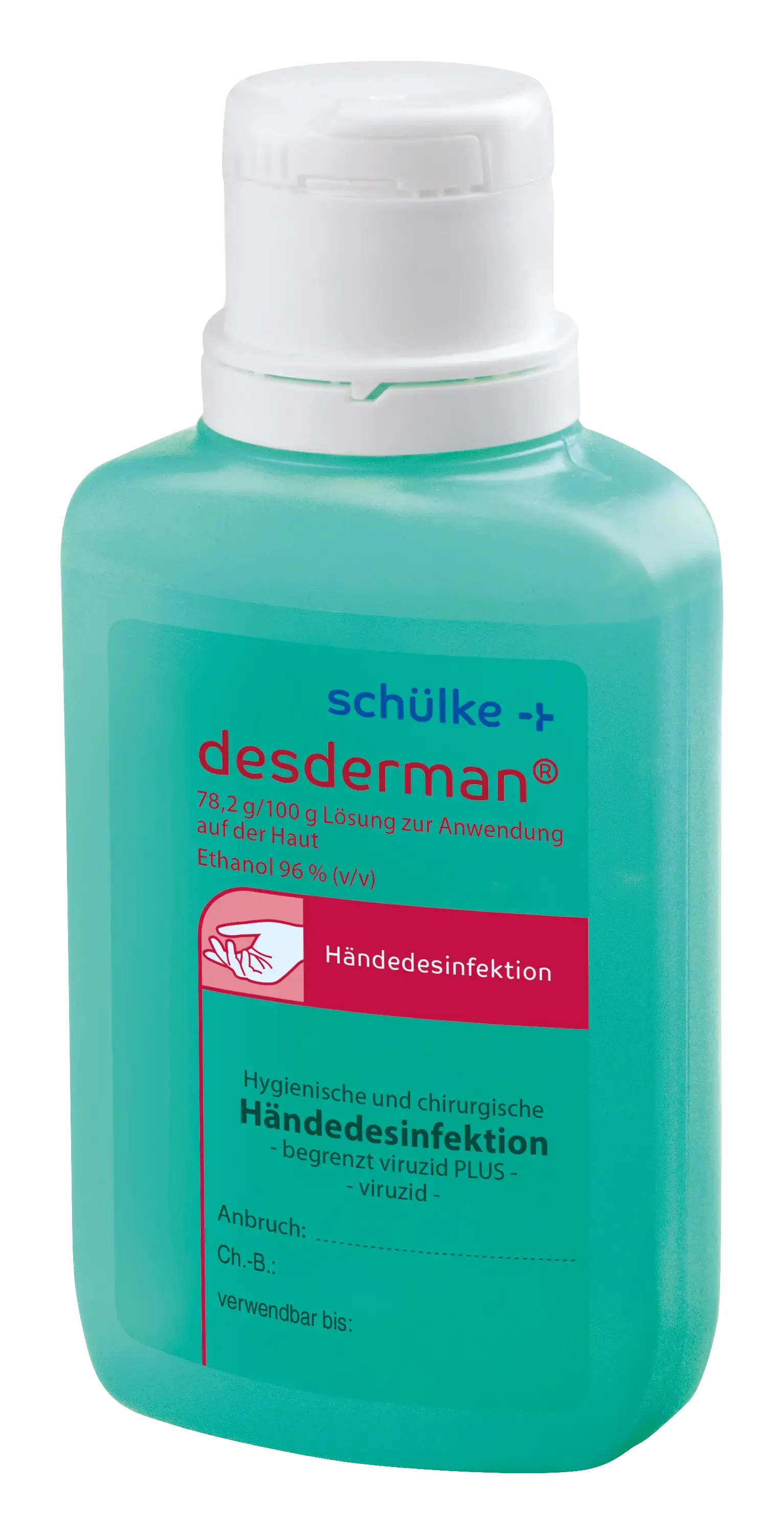Schülke Desderman Händedesinfektionsflasche Schülke Desderman Händedesinfektionsmittel in türkiser Flasche mit weißem Verschluss für die professionelle hygienische Händereinigung