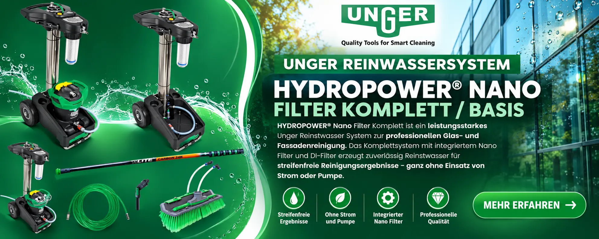 Unger HydroPower Nano Reinwassersystem Unger HydroPower Nano Reinwassersystem mit Filtereinheit, Teleskopstange, Schlauch und Bürste