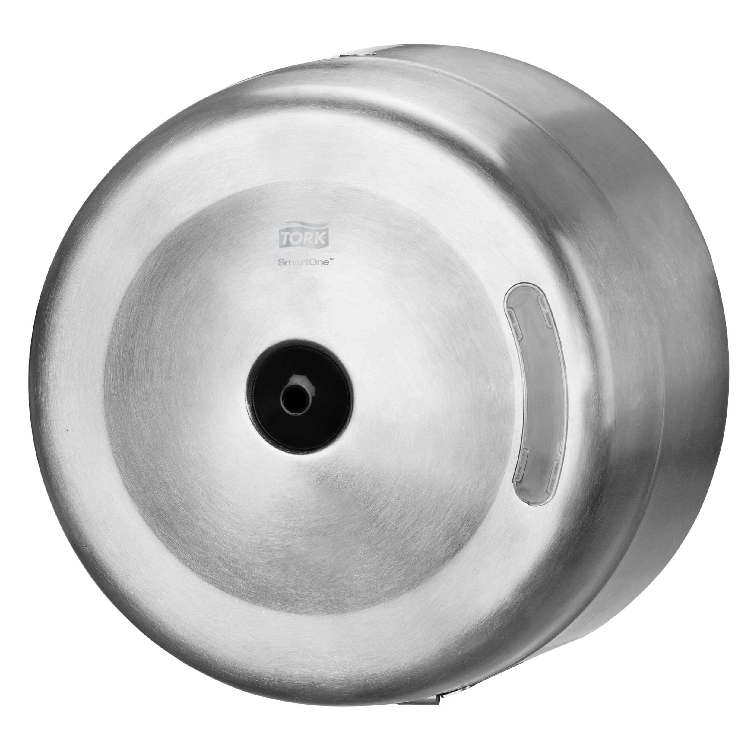 Tork SmartOne Toilettenpapierspender aus Edelstahl Tork SmartOne Toilettenpapierspender aus gebürstetem Edelstahl mit kreisförmigem Design für gewerbliche Toiletten