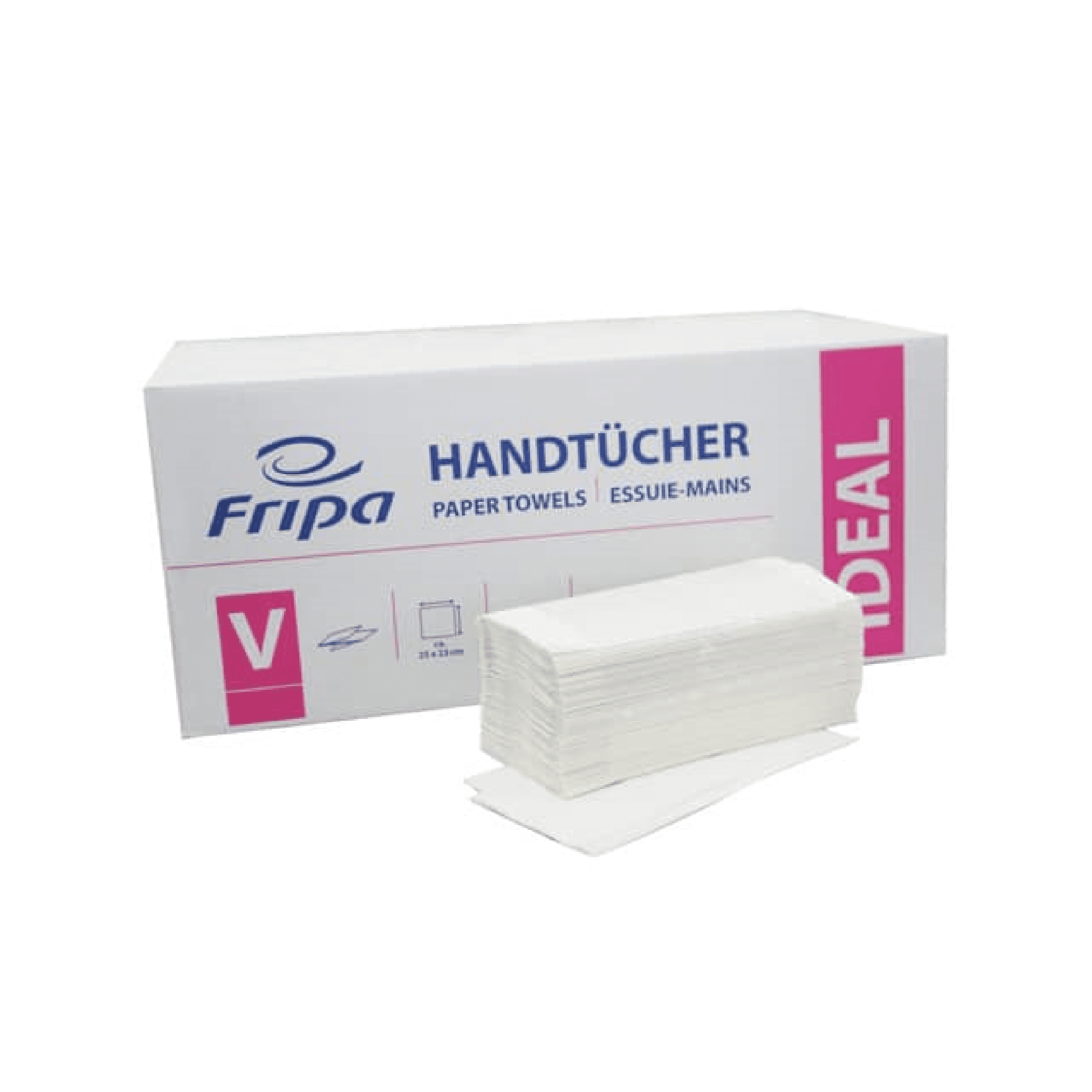 Fripa Papierhandtücher im Karton Fripa-Papierhandtücher in einer Schachtel mit gestapelten weißen Handtüchern und Verpackungsdetails.