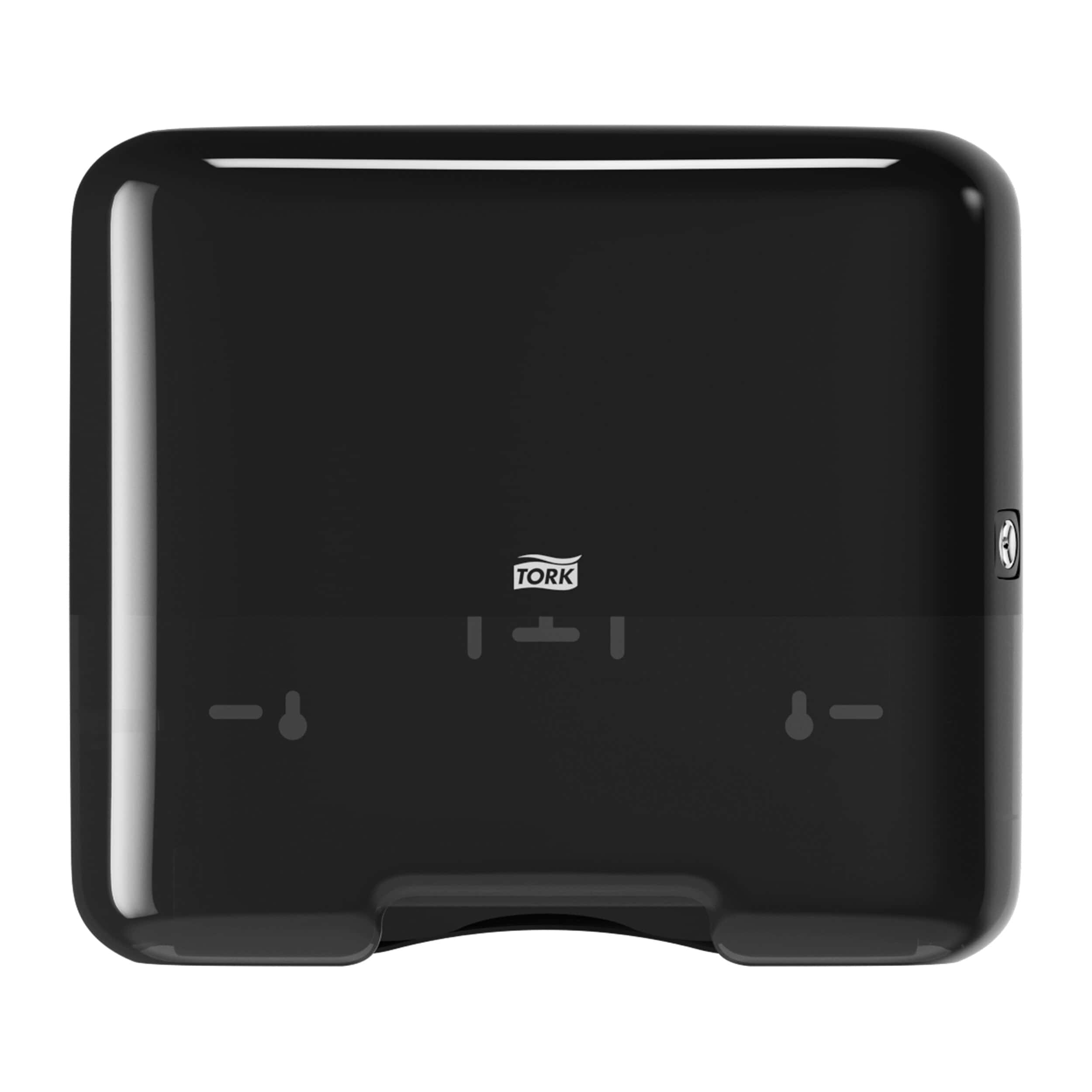 Tork Mini Handtuchspender Elevation Tork Mini Handtuchspender aus schwarzem Kunststoff, Frontansicht.