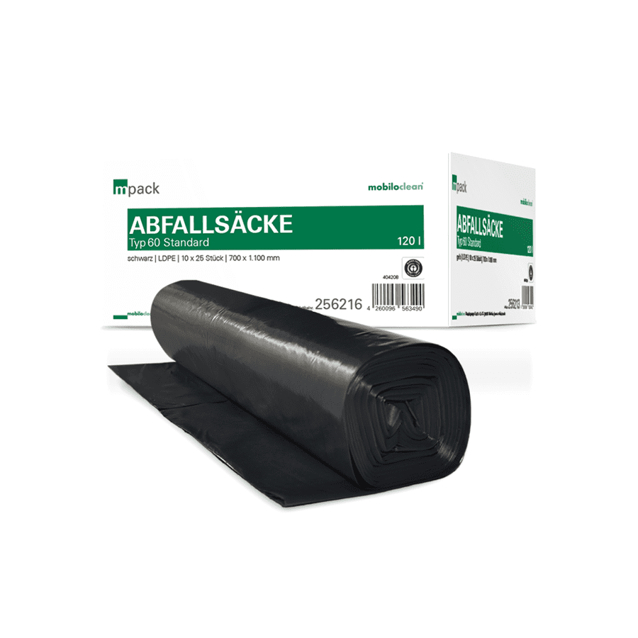 Mpack Abfallsäcke Typ 60 Standard, schwarze Müllsäcke auf Rolle, 120 Liter, für professionelle Entsorgung Mpack Abfallsäcke Typ 60 Standard, schwarze Müllsäcke auf Rolle, 120 Liter, für professionelle Entsorgung