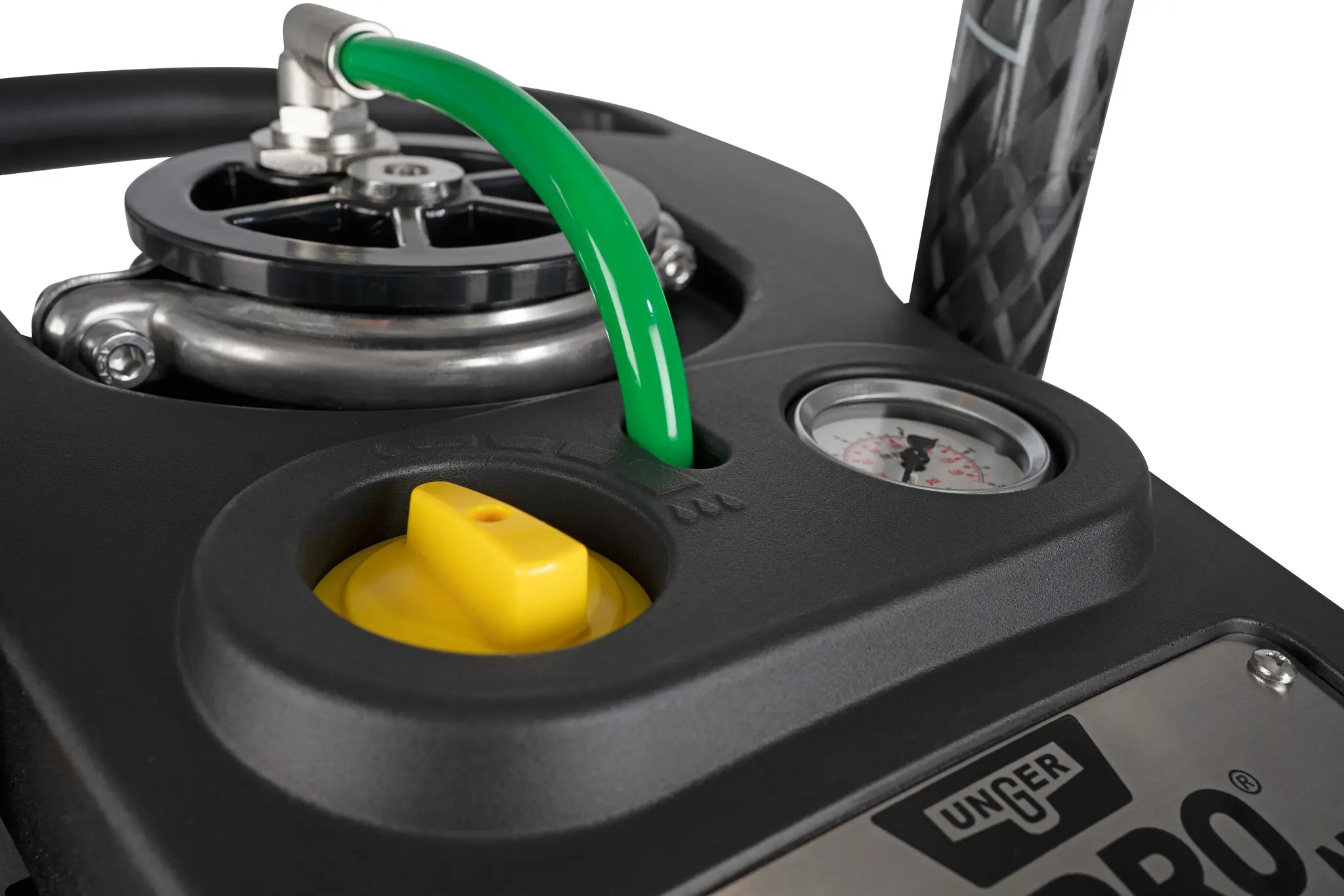 Unger Hydro Power Nano System mit Druckanzeige und gelbem Tankdeckel für professionelle Fensterreinigung