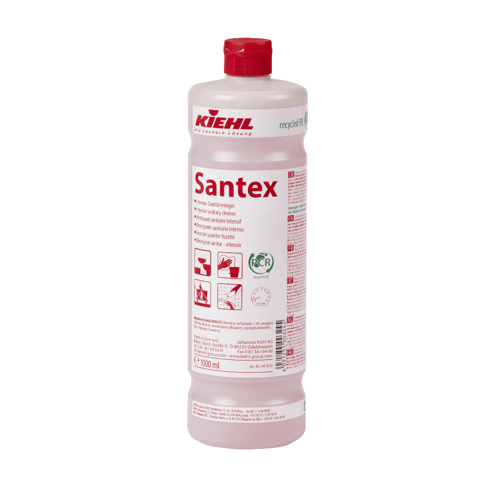 Kiehl Santex Intensiv-Sanitärreiniger Kiehl Santex Intensiv-Sanitärreiniger in der 1-Liter-Flasche mit rotem Verschluss für professionelle Sanitärreinigungsaufgaben